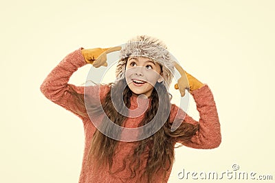 Really good careof health. winter warmness. kid fashion. cheerful little kid isolated on white. ready for winter cold Stock Photo