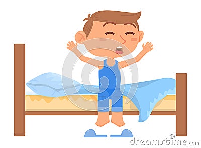 Good day beginning. Boy wake up and stretching Vector Illustration