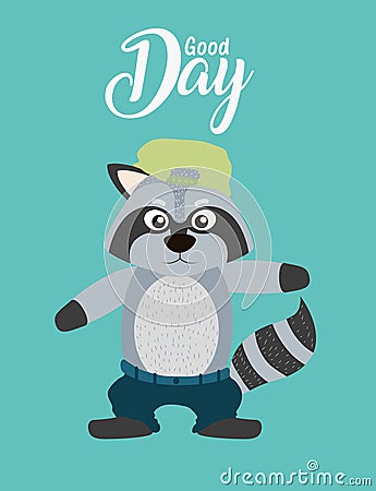 Good day message with raccoon cartoon Vector Illustration