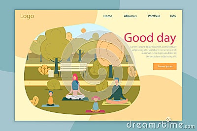 Good Day Yoga Morning Time for Family Landing Page Vector Illustration