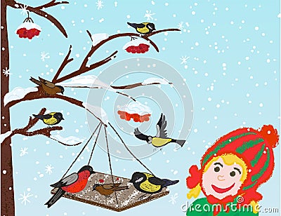 Good deeds. Children feed the birds in winter. Girl and bird feeder Vector Illustration