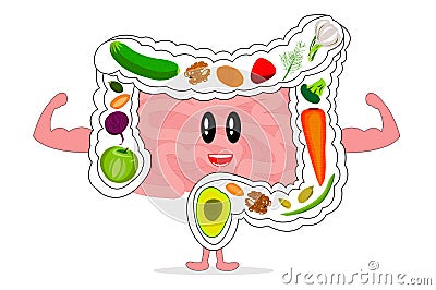 Good digestion. Strong intestines. Useful food for the intestines, fiber, vegetables, fruits. Intestines smiling Stock Photo
