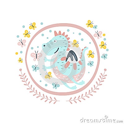 Good Dragon Fairy Tale Character Girly Sticker In Round Frame Vector Illustration