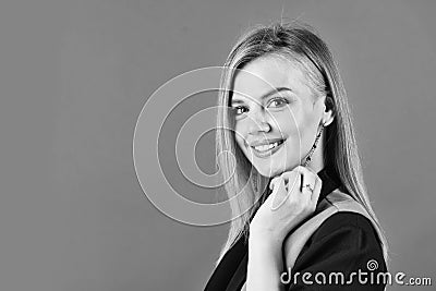 Is it good enough. girl follow dress code. confident businesswoman with makeup. elegant smiling woman in jacket. trendy Stock Photo