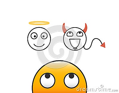 Good and evil concept. Emoticon character person looking at his conscience. Deciding between the good and the bad choice. Vector Illustration