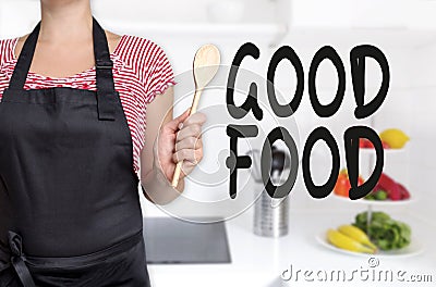 Good food cook holding wooden spoon background concept