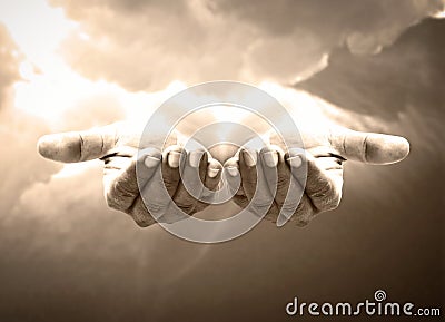 Jesus Christ open empty hands with palm up Stock Photo