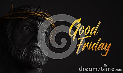 Good Friday Gold Text Jesus Christ Statue with Crown of Thorns 3 Stock Photo