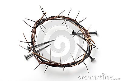 Good Friday, Passion of Jesus Christ. Crown of thorns, nails isolated on white background. Christian Easter holiday. Top Stock Photo