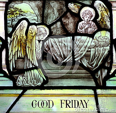 Good Friday in stained glass (Jesus Christ crucified) Stock Photo