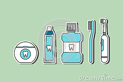 Good friend for tooth have toothbrush, electric toothbrush, toothpaste, floss and mouthwash Vector Illustration