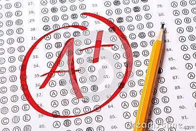 Good grade of A plus is written with red pen on the tests Stock Photo
