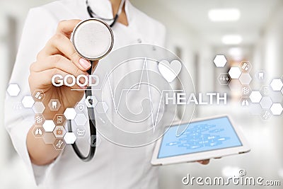 Good health check. Medical doctor using modern virtual screen computer. Stock Photo