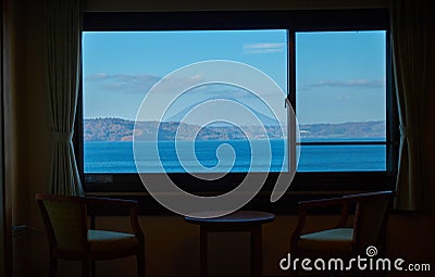 Holiday travel with lakeside view in hotel at Toya lake in Hokkaido Stock Photo