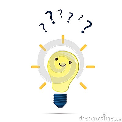 Is It a Good Idea? - Design Concept with Shining Bright Smiling Smart Indecisive Lightbulb Emoji with Question Marks - Vector Vector Illustration