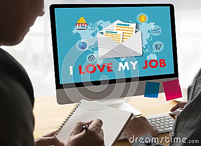 Good Job Assistant I LOVE MY JOB Businessman and Businesswoman Stock Photo