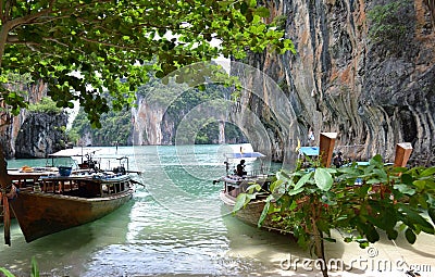 Another good picture of attractive lagoon with thai boats Editorial Stock Photo