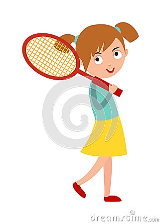 Good looking tennis player prepared for active game, action sport competition cartoon vector. Vector Illustration