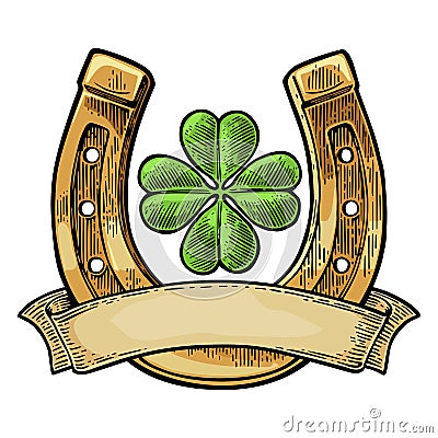 Good luck four leaf clover and horseshoe with ribbon Vector Illustration