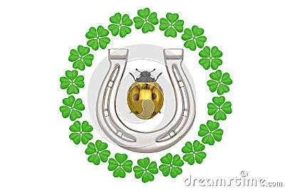 Good luck horseshoe clover ladybug on white background 3D illustration. Cartoon Illustration