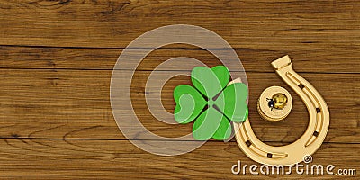 Good luck horseshoe clover ladybug on wooden board 3D illustration. Cartoon Illustration