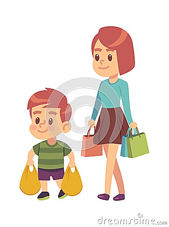 Good manners. Boy helps mom. Polite kid with good manners holding packages in supermarket. Mother with son shopping Vector Illustration
