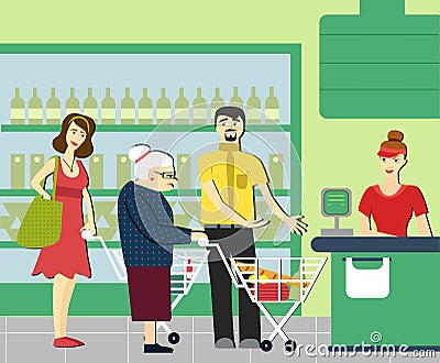 Good manners.retired woman in the supermarket.to give way to an elderly person.supermarket cashier. Vector Illustration