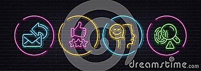 Good mood, Rating stars and Share mail minimal line icons. For web application, printing. Neon laser 3d lights. Vector Vector Illustration