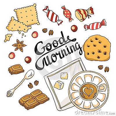 Good morning card. Breakfast menu design. Vector Illustration