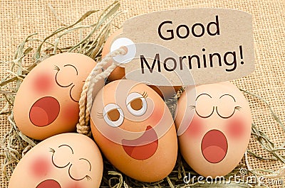 Good morning card and smile face eggs sleep. Stock Photo