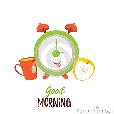 Good morning cartoon poster with cute tea cup, apple and clock. Vector flat design. Vector Illustration