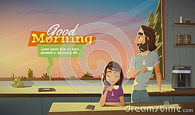 Good morning, drink coffee with family Vector Illustration