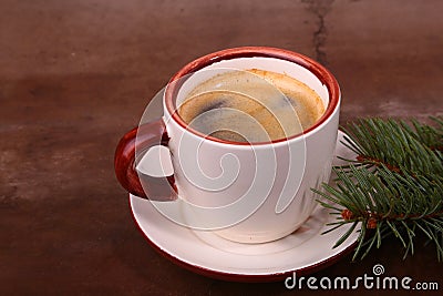 Good morning or Have a nice day Merry Christmas .Cup of coffee with cookies and fresh fir or pine branch Stock Photo