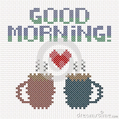 Good morning lettering with cups of coffee and heart Vector Illustration