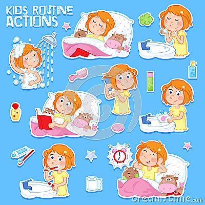 Sweet little girl with ginger hair and her daily routine actions Cartoon Illustration