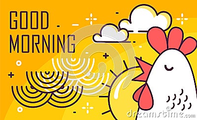 Good Morning poster with rooster, sun and waves on yellow background. Thin line flat design. Vector Vector Illustration