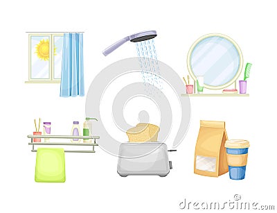 Good Morning Symbol and Attribute with Shining Sun in Window, Shower Head, Bathroom Mirror, Breakfast and Toaster with Vector Illustration