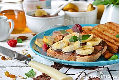 Good morning - toast with walnut, chocolate paste Stock Photo