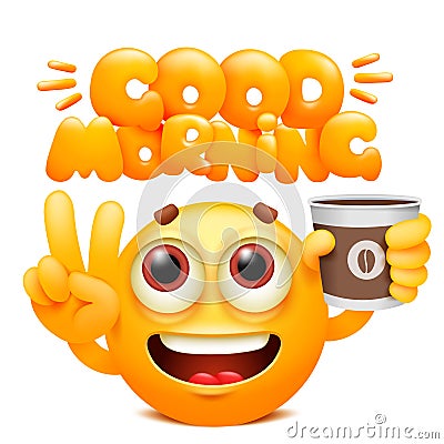 Good morning web sticker. Yellow emoji cartoon character with coffee cup. Emoticon smile face Cartoon Illustration