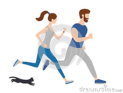 Good morning workout, running couple, jogging people. Vector Illustration