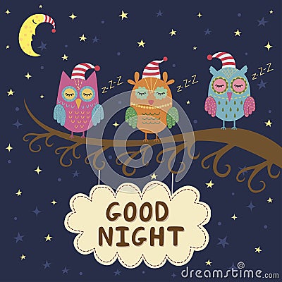 Good night card with cute sleeping owls Vector Illustration