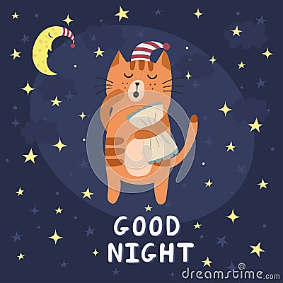 Good night card with a cute sleepy cat Vector Illustration