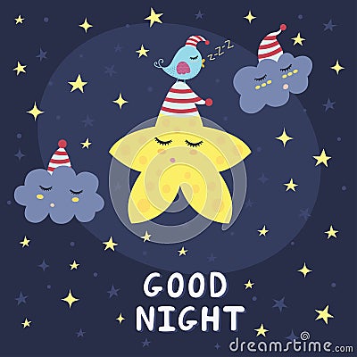 Good night card with a cute star, clouds and a bird Vector Illustration