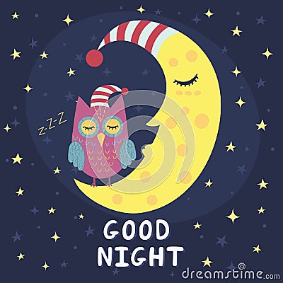 Good night card with sleeping moon and cute owl Vector Illustration