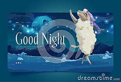 Good night cartoon landing page, lamb on meadow Vector Illustration