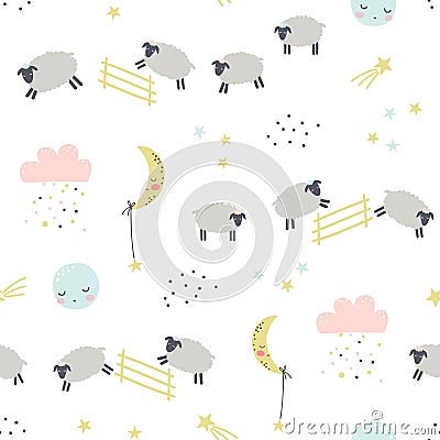 Good night. Childish seamless pattern with sheeps Vector Illustration
