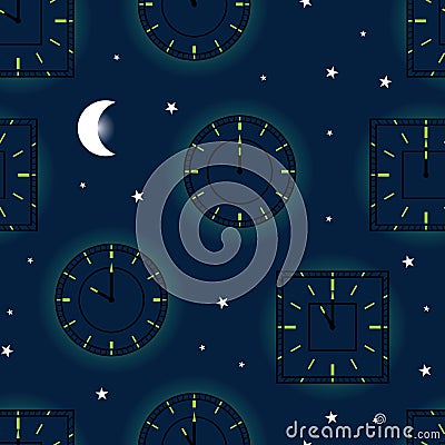 Good night clock blue seamless pattern Vector Illustration