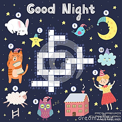 Good Night crossword game for kids. Sweet dreams find word puzzle Vector Illustration