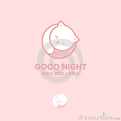 Good night logo. White cat is sleeping. Bed linen emblem. Good night logo bed linen. Vector Illustration