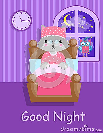 Good night postcard with a funny cute wolf disguised as a grandmother and an owl. Sweet dreamsVector illustration Cartoon Illustration